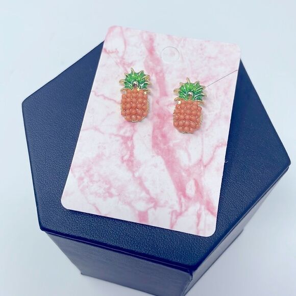 Orange Coral Pineapple Post Studs Earrings - Picture 7 of 7